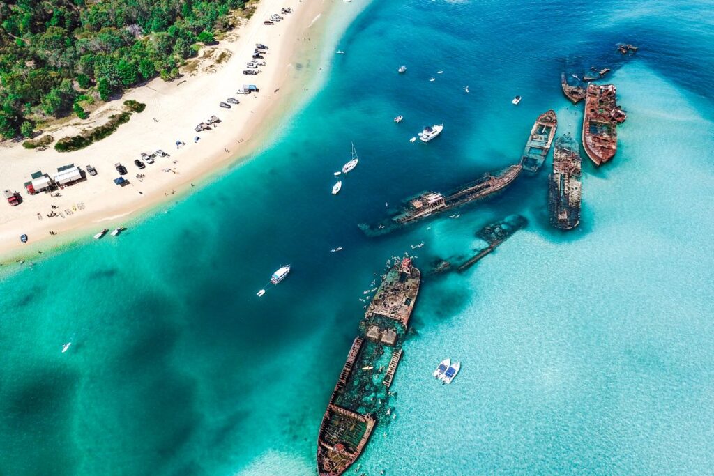 Aerial of Tangalooma wrecks_Moreton Island