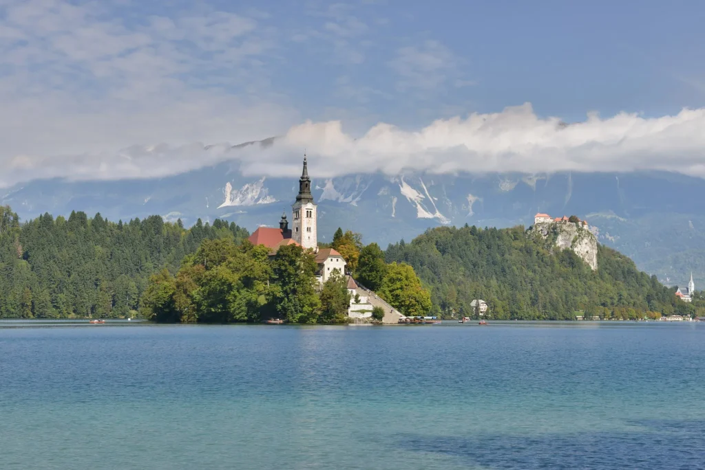 The town of Bled overlooking Lake Bled in northern Slovenia